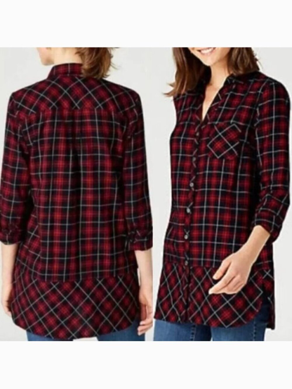 J. JILL Mixed Plaid Curved Hem Flannel Tunic Red Black White Button Down Shirt L